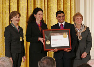 Nancy Stueber and community member Priyam Shah accept award from First Lady Laura Bush and IMLS Director Anne-Imelda Radice