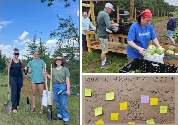 A series of photos from Chequamegon Food Coalition. Three women pose with farming tools; a woman places cabbages into a bin; a poster board reads "our community 2029"