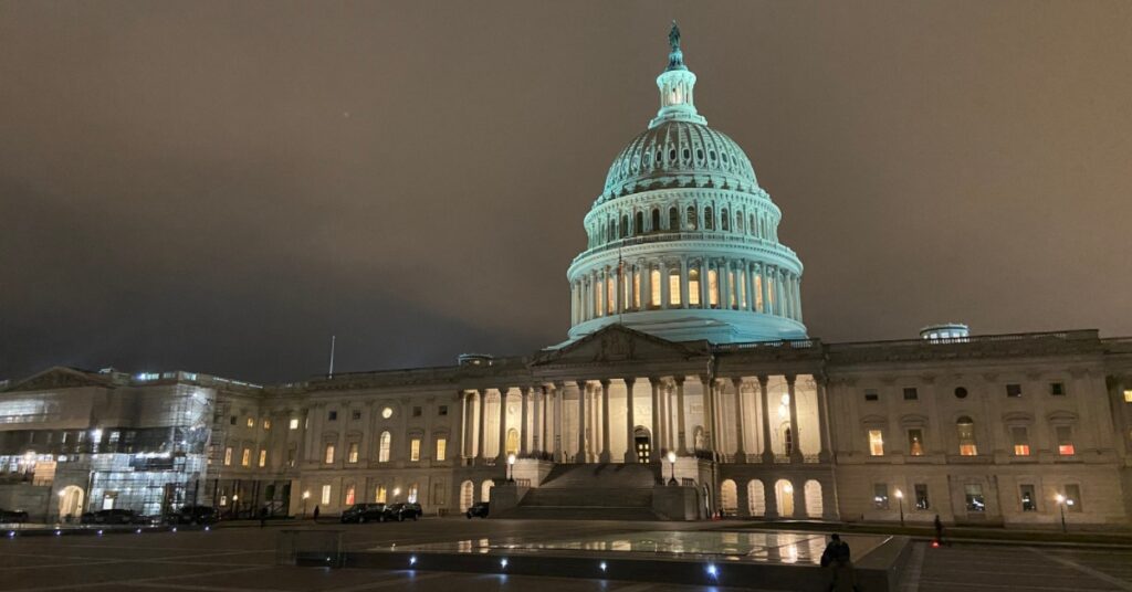 U.S. Capitol on a foggy evening