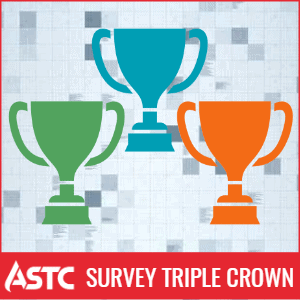 Logo for ASTC Survey Triple Crown. Three trophies (green, teal, orange) over a gray background.