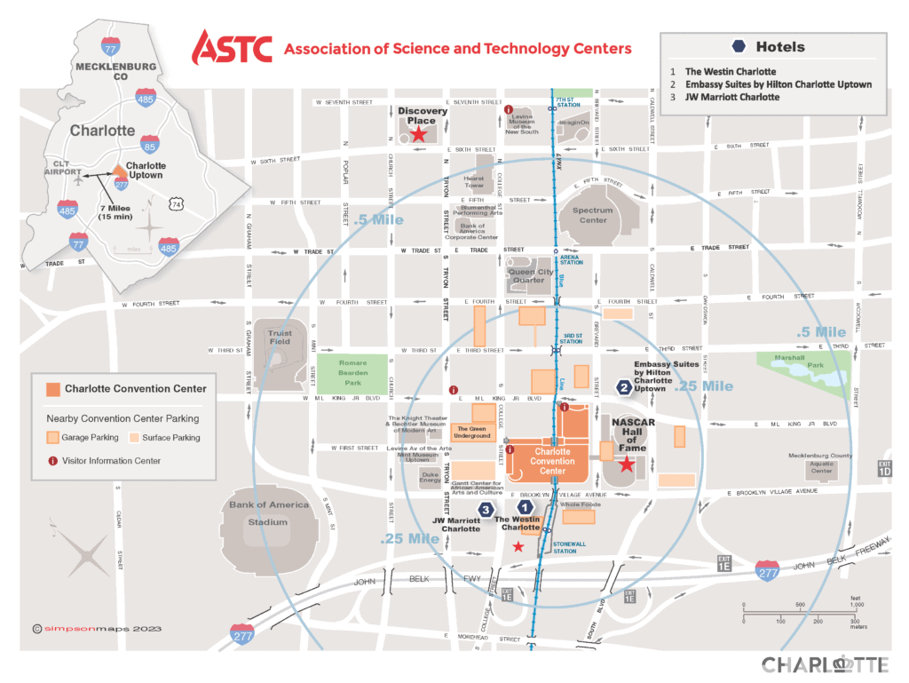 Map of hotels for ASTC 2023 in Charlotte, North Carolina