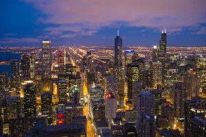 Photo of the Chicago skyline at dusk