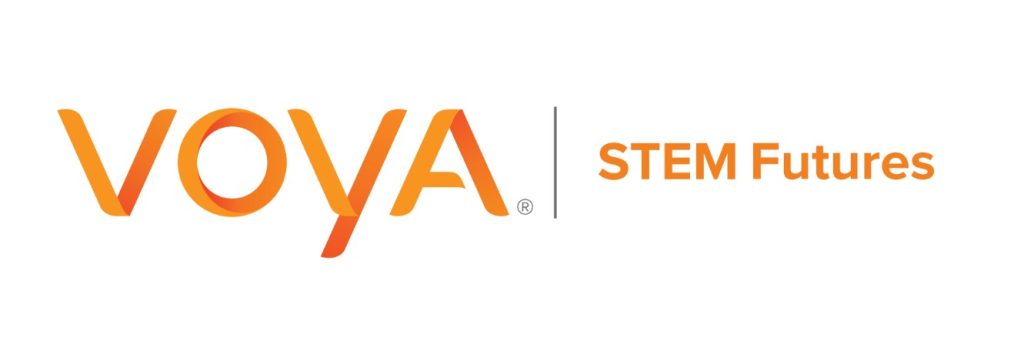Logo for Voya STEM Futures. The word Voya appears in large, orange font. To the right appear the words "STEM Futures" in smaller orange font.